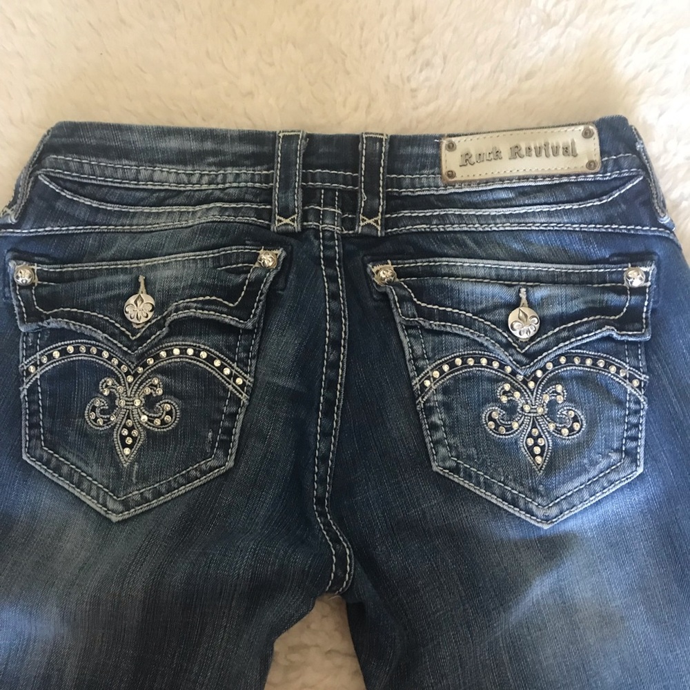 Rock Revival Women's Dark Blue Boot Cut Jeans with Embellished Back Pockets